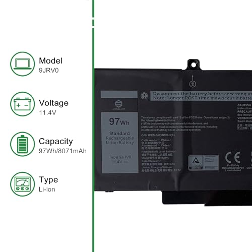 9JRV0 CPX-53XP7 97Wh Laptop Battery Replacement for Dell Latitude 5521 5531 Precision 3561 3571 3581 3591 Series Notebook 53XP7 053XP7 05RGW 005RGW Black 11.4V 8071mAh - size: 14.4*5.7*1.2inch 9JRV0
