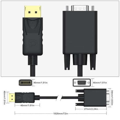 Vanjua DisplayPort to VGA Cable, 1.8M/5.9FT Display Port of Computer/Laptop to VGA of Monitor/Projector Adapter (Not Bidirectional)