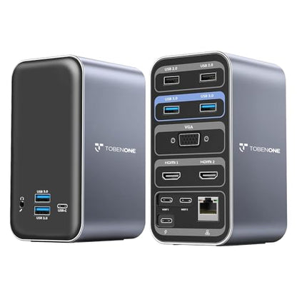 TobenONE 15-in-2 MacBook Pro Docking Station, Dual 4K Monitor, Plug & Play | 2 HDMI, VGA, PD 3.0, 7 USB, Ethernet, 3.5mm Audio, MacBook Compatible, Compact, for Home Office & Professional Productivity