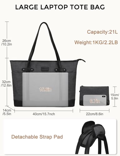 RAVUO Laptop Tote Bag for Women, Water Resistant 15.6 Inch Computer Handbag Purse Teacher Bag With Portable Small Pouch - color: Dark Grey