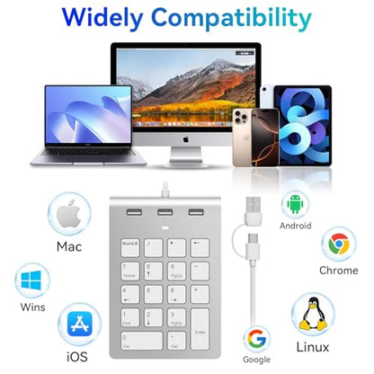 Wired Numeric Keypad USB-C & USB-A - 18 Keys Number Pad with 3 USB 2.0 Port, 15° Ergonomic Numeric Pad for Laptop/ Desktop/ Surface/ iPad, USB Number Keypad for Windows/macOS/Chrome OS, Plug & Play - color: White