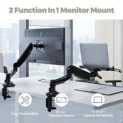 FLEXIMOUNTS 2-in-1 Monitor Arm Laptop Mount Stand Swivel Gas Spring LCD Arm Height Adjustable Desk Mounts for 10''-24' Monitor/ 11-17.3 inches Notebook