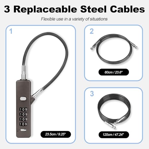 4-Digit Combination Cable Lock, 3 Interchangeable Braided Steel Ropes (9"/23.6"/47.2"), Resettable Anti-Theft Wire Lock for Bikes, Gates, Fences, Scooters, Luggage & Gym Lockers (Gray) - color: Gray