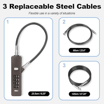 4-Digit Combination Cable Lock, 3 Interchangeable Braided Steel Ropes (9"/23.6"/47.2"), Resettable Anti-Theft Wire Lock for Bikes, Gates, Fences, Scooters, Luggage & Gym Lockers (Gray) - color: Gray