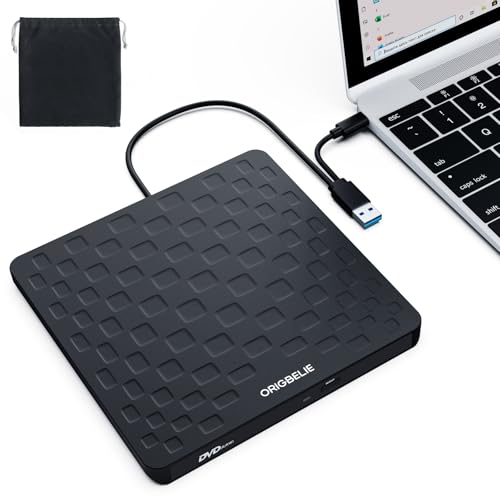 ORIGBELIE External CD DVD Drive for Laptop, USB 3.0 Type-C Ultra Slim 13mm DVD Player Portable CD DVD +/-RW Drive CD Burner Reader Writer Recorder for Desktop PC Windows 11/10/8/7 Linux Mac OS (Black) - size: 5.83" x 5.79" x 0.5"