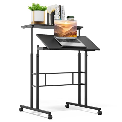 Athena Collection Rolling Standing Desk Small Mobile Table, Black | 4 Lockable Wheels, Engineered Wood Split Top, Adjustable Height for Home Office Computer Workstation - color: Black