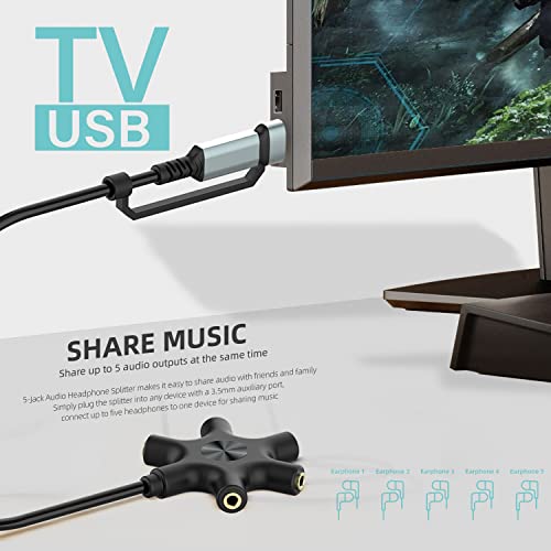 HIEbee USB A/C to Headphone Splitter, 5-Jack 3.5 mm Audio Headphone Stereo Audio Headset Adapter, Audio Earbuds Earphones Plug 5 Way 1 Male to 4 Female Splitter with 3.5mm Stereo Cable