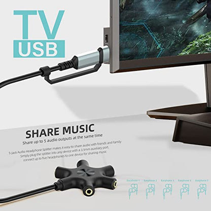 HIEbee USB A/C to Headphone Splitter, 5-Jack 3.5 mm Audio Headphone Stereo Audio Headset Adapter, Audio Earbuds Earphones Plug 5 Way 1 Male to 4 Female Splitter with 3.5mm Stereo Cable
