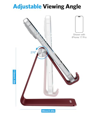 OMOTON C2 Adjustable Cell Phone Stand with Charging Cutout, Cherry Red | Sturdy 3mm Aluminum, Charging Port, 270° Adjustable, Non-Slip Silicone Pads, Works with Thick Cases, for All Smartphones - color: Cherry Red