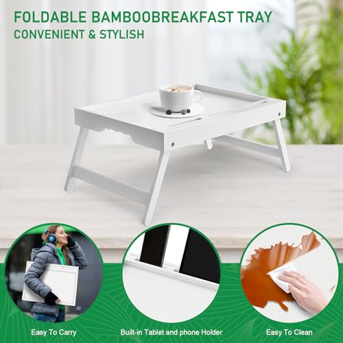 Bed Tray Table with Handles Folding Legs Bamboo Breakfast Food Tray with Media Slot for Platters,Laptop Desk,Snack,TV Tray Kitchen Serving Tray | FSC-certified bamboo bed tray with phone/tablet slot, folding legs, handles and raised edges for meals, lapto