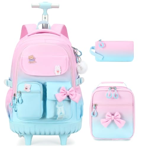 ACESAK Rolling Backpack for Girls - Roller Wheels School bag with Lunch Bag & Pencil Pouch for Teen Girls Kids Wheeled Suitcase Backpacks, Elementary Middle School Travel Daypack(Pink Blue) - color: Pink Blue