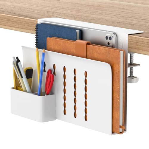 HAMOPY Desk Side Storage, Single-Layer Steel Hanging Desk Organizer with Magnetic Pen Holder, No Drilling Desk Drawer Cable Management Tray, Under Desk Laptop Holder for Office, School&Home(White) - color: White, size: Single(1 Tier)
