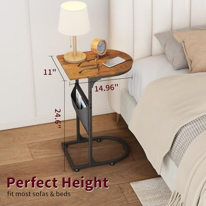 C Shaped End Table, Small Side Table for Couch, C Table that Slides Under Sofa with Storage Bag, TV Tray Table for Recliner, Living Room, Bedside, Bedroom, Small Spaces, Rustic Brown - color: Classic Rustic Brown