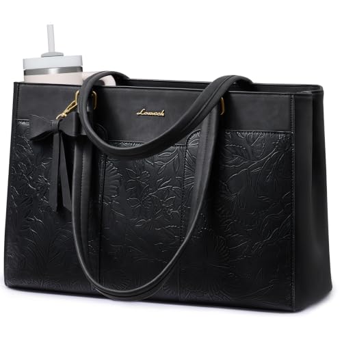 LOVEVOOK Laptop Tote Bag for Women,15.6 Inch Work Bags PU Leather Teacher Tote Bag,Waterproof Quilted Computer Bag for Office Professional Briefcase Gifts - color: Black Embossed-a, size: 15.6 Inch