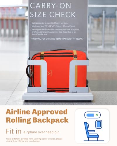 Hynes Eagle Rolling Backpack 42L Backpack with Wheels Airline Approved Carry on Luggage Laptop Travel Suitcase Bag for Women Men Orange - color: Orange