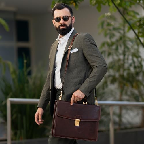 Time Resistance Leather Briefcase - Italian Handmade Leather Laptop Bag - Handbag for Men - Professional Computer Case - color: Brown