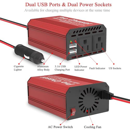 Pro Chaser 400W Power Inverters for Vehicles DC 12v to AC 110v Car Inverter | Car Converter, 6.2A Dual USB Charging Ports, Dual AC Adapter for Laptops Air Compressor