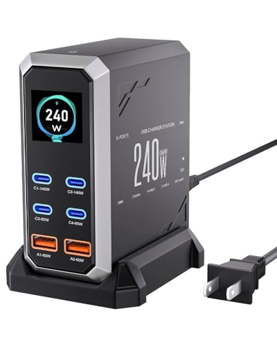 USB C Charger Block, 240W GaN USB C 6-Port Charger Station, Laptop Power PD Adapter with Touch Control and Color Display, Charging Station for MacBook, iPhone, Samsung, Laptop, iPad, Desktop, and More