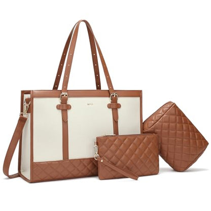 Keyli 3pcs Laptop Bag for Women,15.6 Inch Canvas Tote Bag Work Bags Large Business Computer Briefcase Shoulder Handbag Purse - color: S-brown+khaki