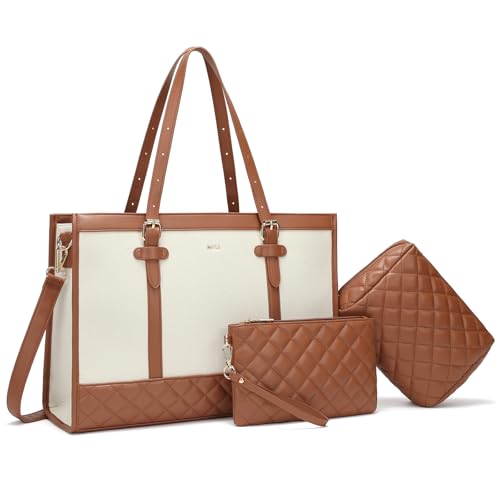 Keyli 3pcs Laptop Bag for Women,15.6 Inch Canvas Tote Bag Work Bags Large Business Computer Briefcase Shoulder Handbag Purse - color: S-brown+khaki