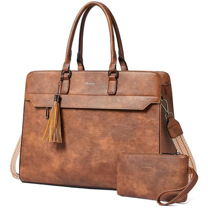 15.6 Inch Laptop Tote Bag with Clutch Purse for Women | Water-Resistant Vegan Leather Computer Briefcase with Satchel Purse,Professional Business Tote,Casual Handbag,Work Office - color: Two-toned Brown