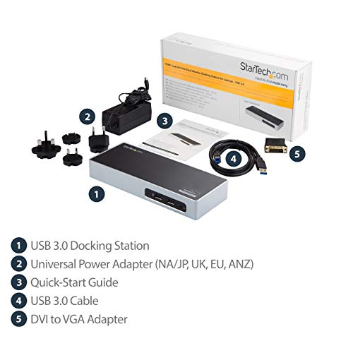 StarTech USB-A Dual Monitor Dock, HDMI & DVI/VGA, 6-Port USB, GbE, Audio | Windows and Mac, Mixed fleets, Six 5Gbps USB-A ports, Two BC 1.2 always-on fast-charge, 1m (3.3ft) host cable - size: Dual Monitor, style: HDMI | DVI/ VGA | 6 x USB 3.1