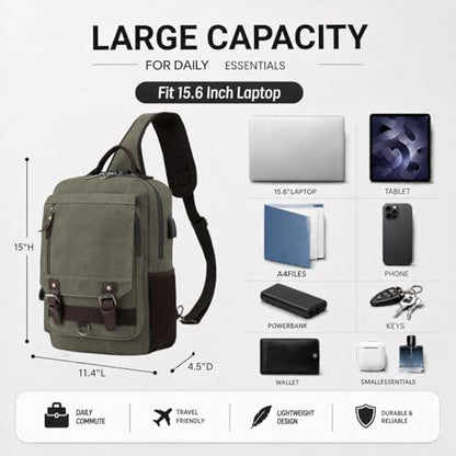 Sling Bag Large Capacity: Crossbody Bag for Men Fits 15.6 Inch Laptop A4 Files with Anti Theft USB Port - color: Army Green-xl