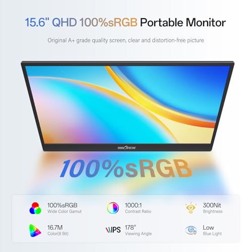InnoView 2K Portable Monitor 15.6" QHD 100% sRGB, Built-in 180° Adjustable Stand Travel Monitor USB C Standard HDMI Ultra-Slim Portable Monitor for Laptop MacBook Phone PS5 Xbox Switch - color: Ink black