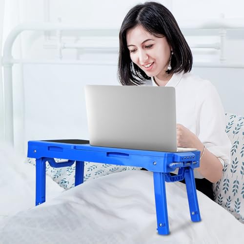Foldable Laptop Table with Cooling Fan, LED Light, 4 x USB Ports, Mouse Pad & Storage Groove for Laptop Use in Home Office - color: Blue