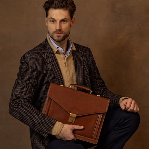 Time Resistance Leather Briefcase for Men - Business Laptop Bag - Italian Handmade Leather Bag - Attache - Gift Box Included - color: Cognac Brown