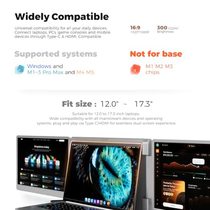Laptop Screen Extender, 15.6" FHD Laptop Monitor Extender, Triple Portable Monitor for 12"-17.3" Laptops, Plug & Play, 360° Rotation Screen, Compatible with MacOS/Wins/Switch/Surface