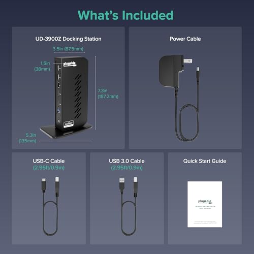 Plugable Dual 1080p HDMI Universal Docking Station for USB-C & USB 3.0 Laptop, 10 Ports, Windows/ChromeOS Plug & Play, macOS Driver Required (UD-3900Z) - size: 7.5" × 2.8" × 5.3