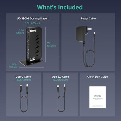 Plugable Dual 1080p HDMI Universal Docking Station for USB-C & USB 3.0 Laptop, 10 Ports, Windows/ChromeOS Plug & Play, macOS Driver Required (UD-3900Z) - size: 7.5" × 2.8" × 5.3