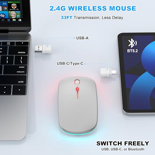 LED Bluetooth Wireless Mouse for MacBook Air Mac Pro Laptop iPad–Silver | Rechargeable Silent Light-Up Optical Mouse with Jiggler Dual Mode BT5.2 & USB-A/USB-C for Students Kids Girls Boys