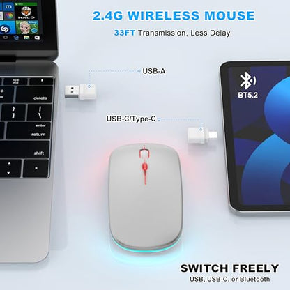 LED Bluetooth Wireless Mouse for MacBook Air Mac Pro Laptop iPad–Silver | Rechargeable Silent Light-Up Optical Mouse with Jiggler Dual Mode BT5.2 & USB-A/USB-C for Students Kids Girls Boys