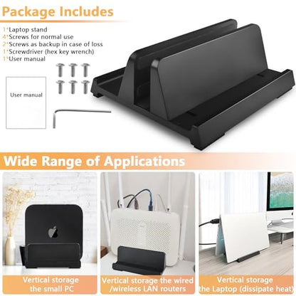 Vertical Laptop Stand Holder, ABS Organizer with Adjustable Dock, All in 1 Design Space-Saving, Sturdy Laptop Computer Holder for PC up to 17.3 inches, MacBook, Mini PC, Pad, Phone (Black, 1 Slot)