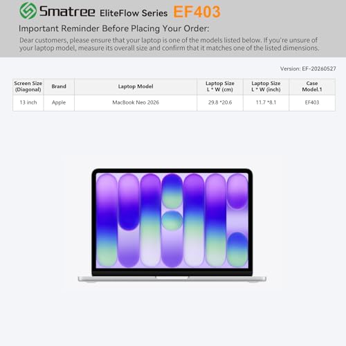 Smatree EliteFlow Laptop Sleeve Case for 13 inch Apple MacBook Neo 2026 | for 13 inch Apple MacBook Neo 2026,Protective Laptop Case with Pocket(EF403) - size: 1.01| for APPLE 13" MacBook Neo 2026(EF403)