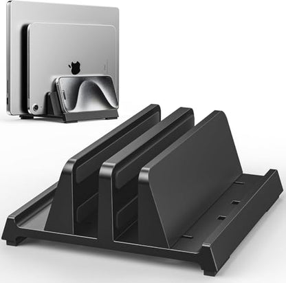 Vertical Laptop Stand for Desk, Dual Slots Plastic Laptop Holder with Space Saving 4-in-1 Design, Adjustable Width Supports MacBook, Chromebook, Surface, Dell (Black) - color: Black