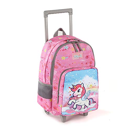 Tilami Rolling Backpack 18 inch Double Handle Wheeled Boys Girls Travel School Children Luggage Toddler Trip - color: Horse Pink