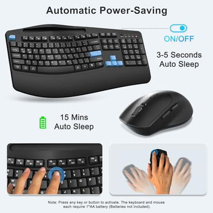 Wireless Keyboard and Mouse Combo, 2.4G Full Size Wave Keys Ergonomic Keyboard with Wrist Rest, Phone Holder, 3-Level DPI Wireless Silent Mouse with 6-Buttons, for Windows, Mac OS, Laptop (Blue Black) - color: Blue Black