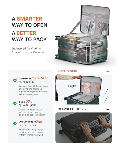 Expandable 20Inch Carry On Luggage Airline Approved - Top Opening Hardside Travel Suitcase Unbreakable -with Cup Holder,USB Charge,Side Pothook, 360°Spinner Wheels, TSA Lock-Green - color: Green, size: 20 Inch-EXT