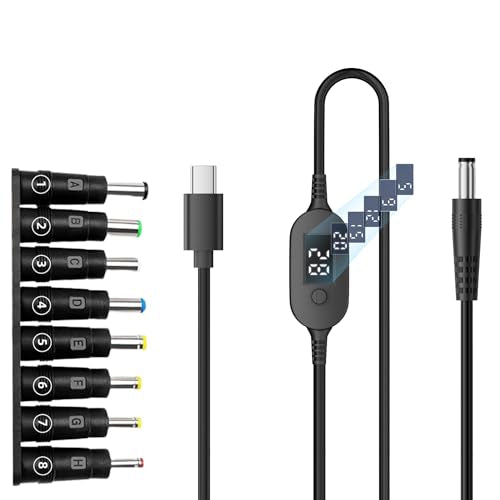100W PD Power Charger USB-C to DC Adjustable PD Cable with Digital Display, 40 Inches, Black, Multiple Voltage Settings, Male to Male DC 5V 9V 12V 15V 20V Adapter Cable (Default +8-in-1 DC Tip) - style: Default +8-in-1 DC Tip