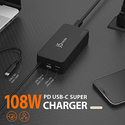 j5create 108W USB Type C PD Laptop Super Charger | For Laptops, , Tablets, Macbooks, Android, iPhone, iPad Pro, Smart Phone (JUP34108)