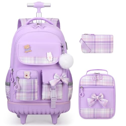 ACESAK Rolling Backpack for Girls - Roller Wheels School bag with Lunch Bag & Pencil Pouch for Teen Girls Kids Wheeled Suitcase Backpacks, Elementary Middle School Travel Daypack (Purple) - color: Purple