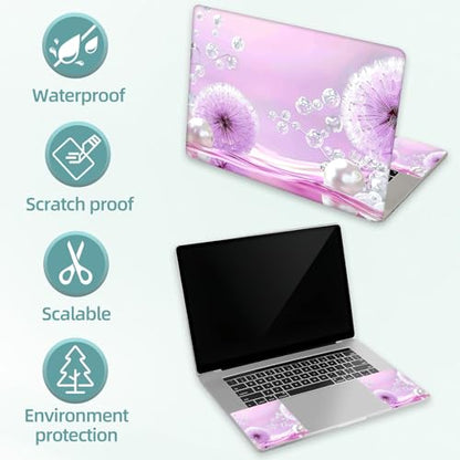 Universal Laptop Skin Decal, 3-Piece Vinyl Protector for 12 13 14 15.6" Notebook, Waterproof Anti-Scratch, Easy Trim & Bubble-Free Finish, Purple Dandelions White Pearls - color: Purple Dandelions White Pearls