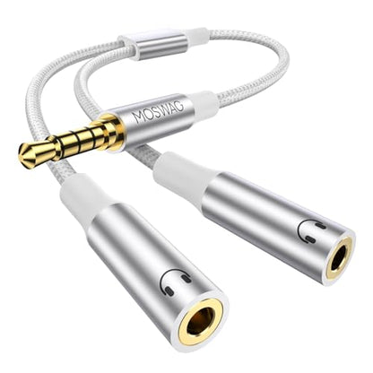 MOSWAG 3.5mm TRRS Headphone Splitter, 3.5mm AUX Jack Cable 1 in 2 Out | Nylon Braided & Gold-Plated Extension Cable Audio Y Splitter, Dual Headphone Jack Adapter for Phone, PC, Laptop, Tablet, Mp3 - color: White