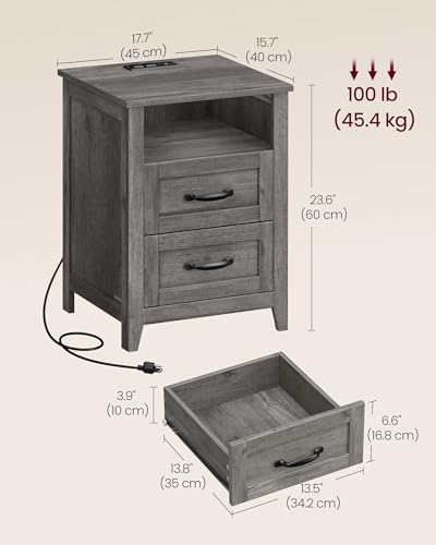 VASAGLE LIRY Collection - Farmhouse Nightstands with Charging Station, Set of 2 Bedside Tables, Side Tables with 2 Drawers, Open Compartment, for Bedroom, Misty Gray ULET869G01 - color: Misty Gray, size: 2 PACK, style: 17.7"W x 23.6"H With 2 Drawers