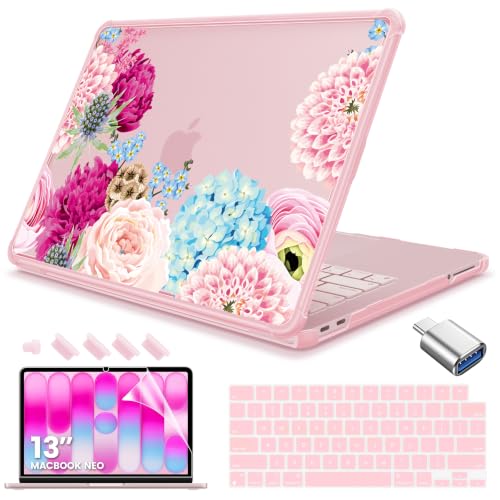 Teryeefi Anti-Crack Case Cover for MacBook Neo 13 inch 2026 Release A3404 | flexible TPU/shockproof/ ultra thin /lightweight/ anti fingerprint / with keyboard cover screen protector/ blush pink flower - color: Pink Flowers
