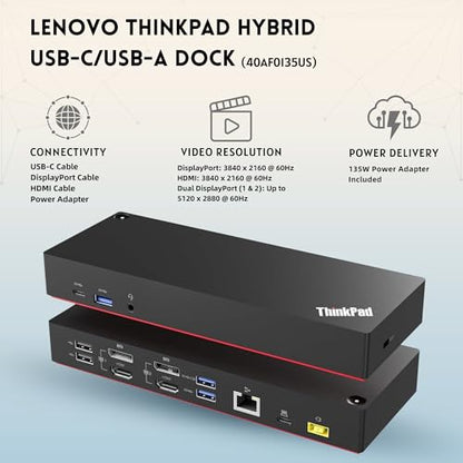 Lenovo 40AF0135US Thinkpad Docking Station Dual Monitor Hybrid USB-C with USB-A | Comes with 135W, HDMI, DP, USB C to A Cables (NEW)