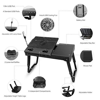 Foldable Laptop Bed Tray Desk Adjustable Lap Table Notebook Desk | Cooling Fan Mouse Board USB Ports LED Light Laptop Stand for Bed Sofa Couch
